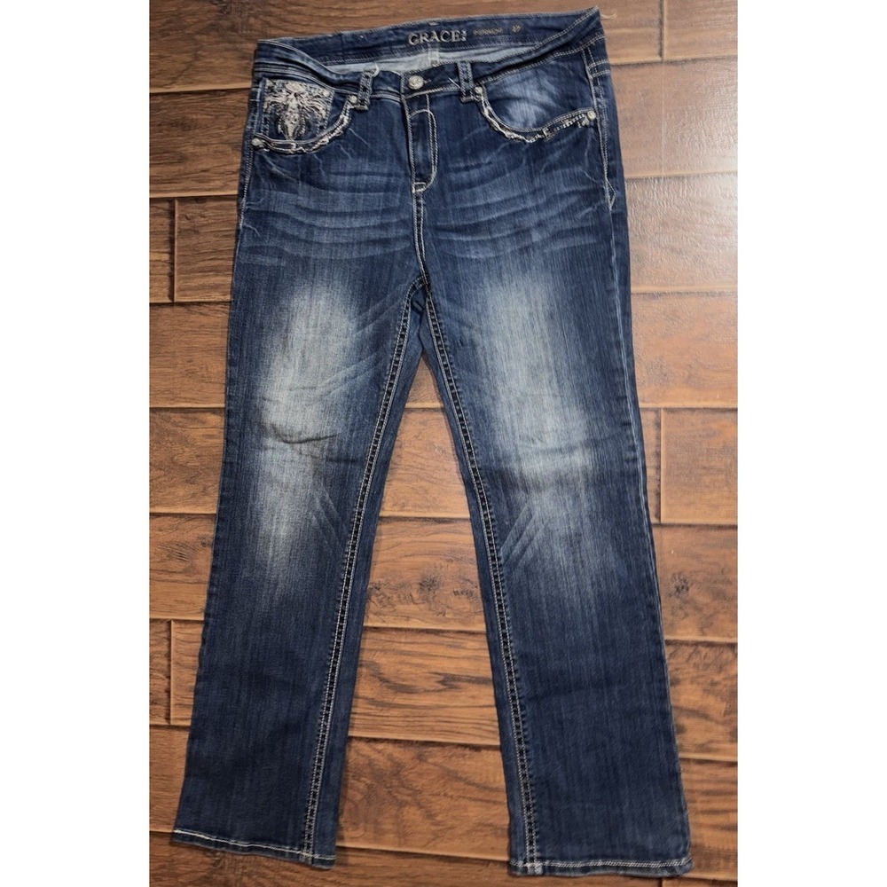 Grace in LA Womens Straight Leg Jeans Dark Wash Embroidered Pockets Size 17